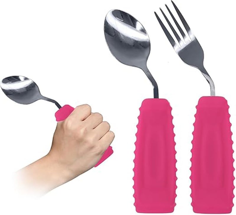 Ehucon Adaptive Utensils,Weighted Angled Silverware,Parkinsons Aids,Curved Non-Slip Easy Grip Spoon and Fork Set for Tremors,Disabled,Handicap,Elderly,Arthritis (Right Hand,Pack of 2,Rose Pink) - Image 1
